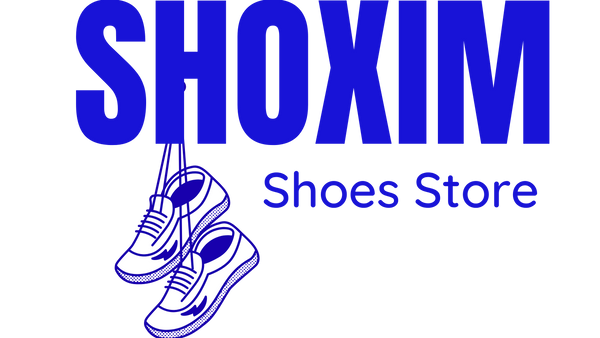 Shoxim logo with blue text and white sneakers on a black background
